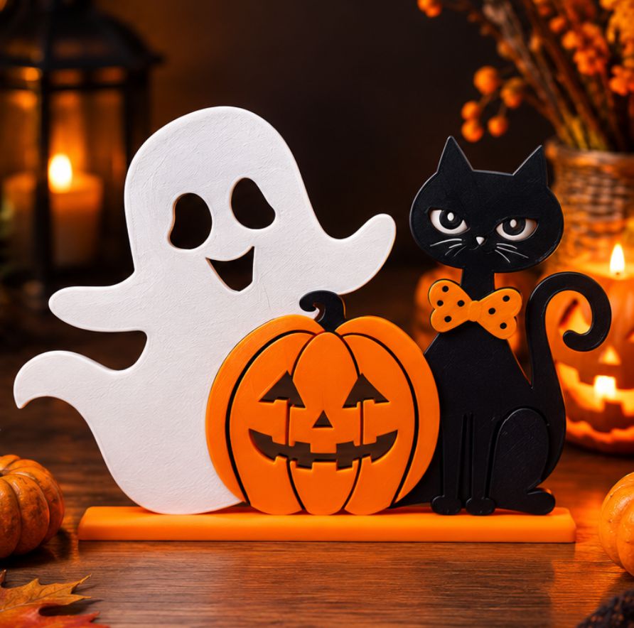 Decoração de Halloween 3D – Fantasma, Abóbora e Gato 22x23cm
